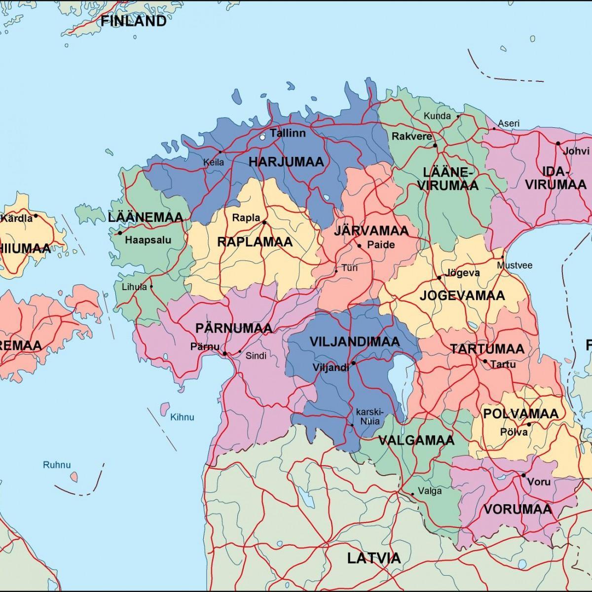 kart over Estland politiske